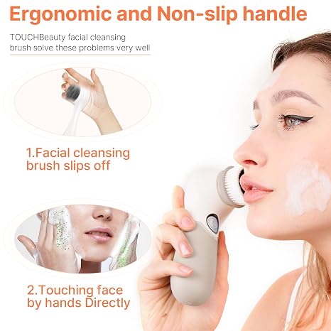 TOUCHBeauty Facial Cleansing Brush Electric, Face Cleansing Brush with Stand, 3 Brush Heads, 2 Speeds, IPX5 Waterproof, Battery-Powered, Suitable for All Skin Types, TB-0759D White