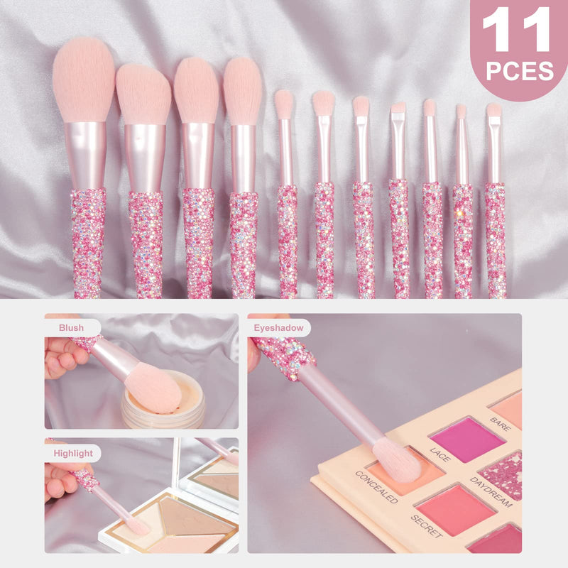 KEYPOWER Large Capacity Glitter Sequin Cosmetic Bag Apricot & 11PCS Makeup Brushes Bling Crystal AB Pink