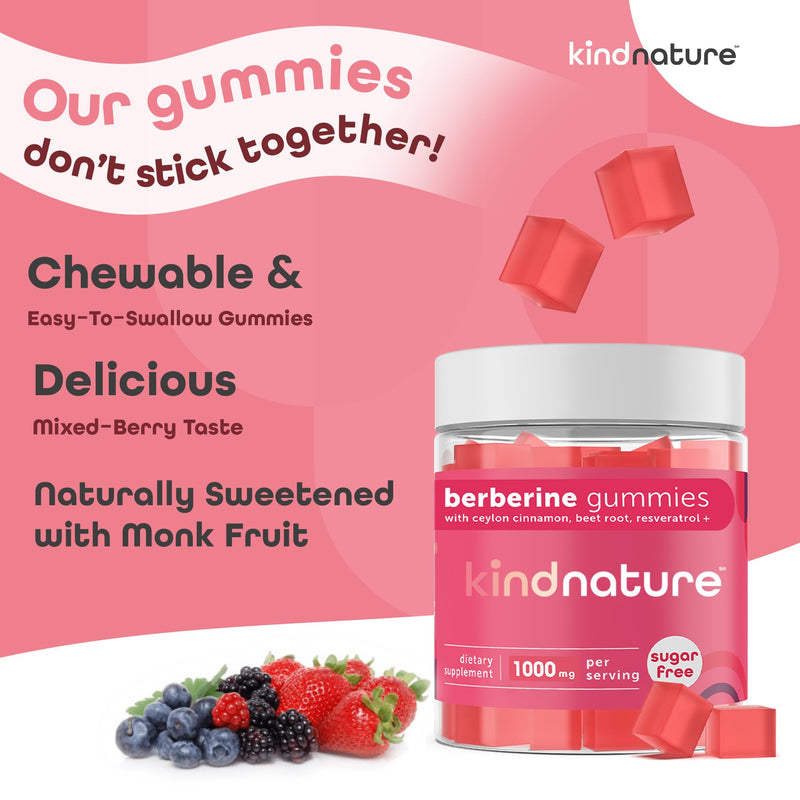 [Australia] - Kind Nature 1000mg Berberine Gummies - Sugar Free Natural Berberine Supplement Gummies with Ceylon Cinnamon & Beet Root - Non GMO, 3rd Party Tested Berberine Complex 
