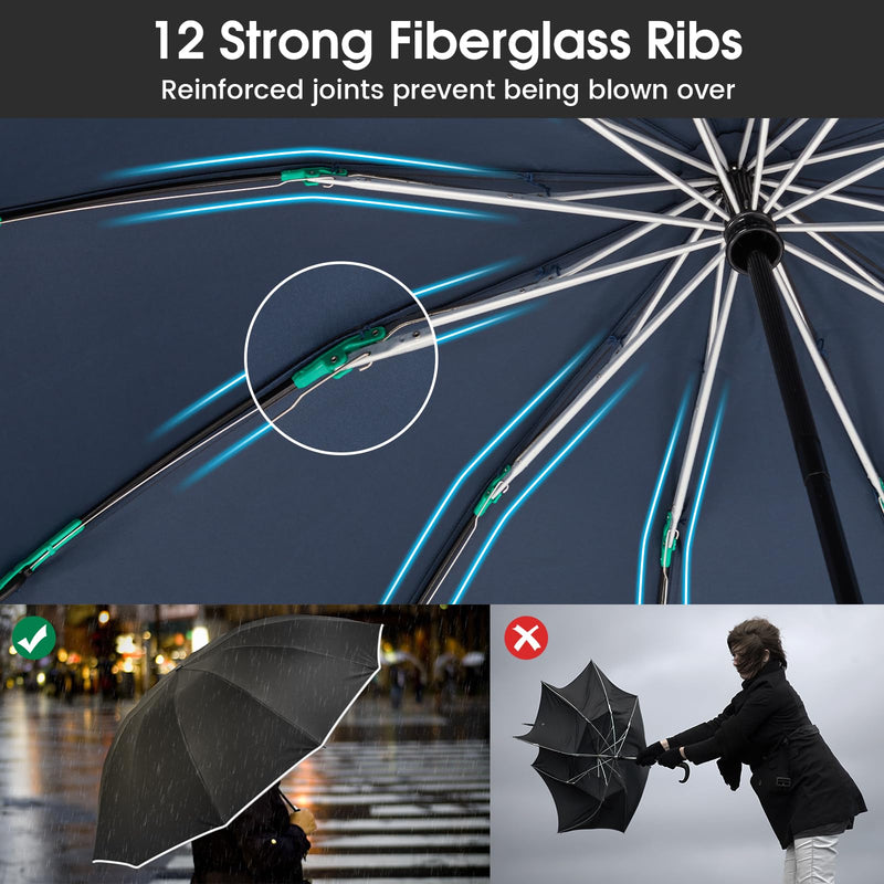 G4Free 54 Inch Large Windproof Umbrella Auto Open Classic Wooden J Handle 54 Inch Large Double Layer Inverted Umbrella with Reflective Strip