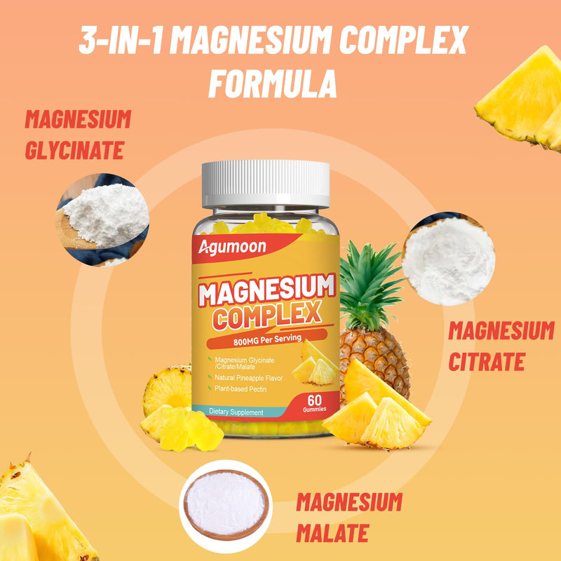 Magnesium Complex Gummies 800mg with Zinc & B6, B12, C, D3, 120 Count | High Absorption Glycinate, Citrate, Malate, Magnesium Complex for Women Men, Non-GMO, Gluten-Free, Pineapple Flavor 60 Count (Pack of 2)