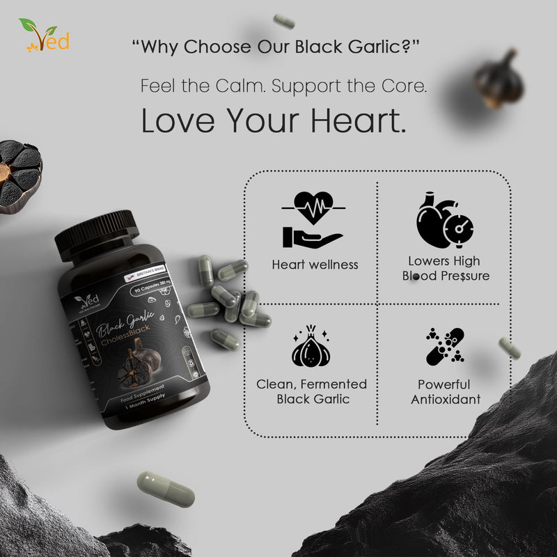 VED CholessBlack, 90 Capsules, Fermented & Odorless Black Garlic Supplement with White & Red Hawthorn, Wild & Lemon Balm Leaf, Non-GMO, Halal, 3 Capsules per Day
