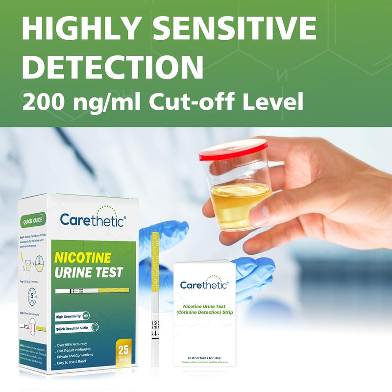 [25 Pack] Carethetic Nicotine Testing Kit at Home - Highly Sensitive Nicotine Cotinine Tobacco Urine Test Strips for Home - Nicotine Urine Test Strips Detection at 200 ng/mL