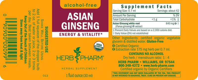 [Australia] - Herb Pharm Asian (Panax) Ginseng Liquid Glycerite for Energy and Stamina, Alcohol-Free Glycerite, 1 Oz 1 Fl Oz (Pack of 1) 