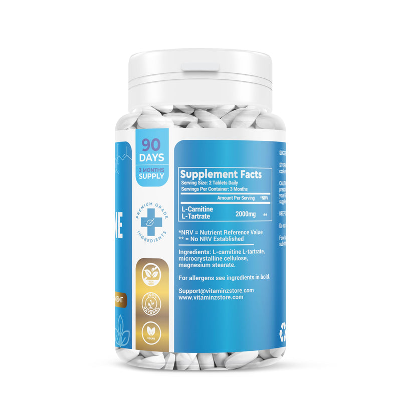 VITAMINZ L-Carnitine Complex 2000mg - 90 Days Supply - 180 Vegan Tablets (Pack of 2) 180 count (Pack of 2)