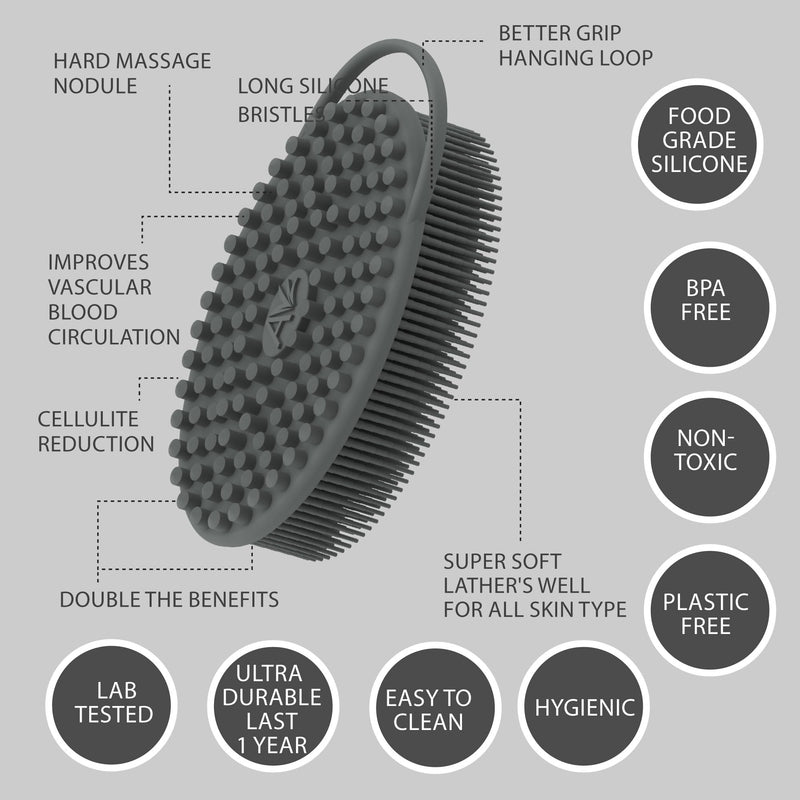 [Australia] - Avilana Exfoliating Silicone Body Scrubber Shower Brush- Hygienic Shower Loofah Sponge Alternative for Deep Clean & Soft Skin - Silicone Body Brush and Silver Infused Silicone Body Brush Dark Gray 