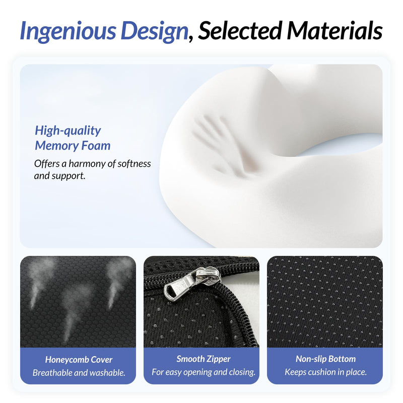 [Australia] - ZIKEE 360° Pain Relief Donut Pillow for Tailbone Pain, Hemorrhoid Pillow for Sitting, Memory Foam Donut Seat Cushion with Ergonomic W-Shaped Designs for Thighs Relief, Postpartum & Post Surgery Care 