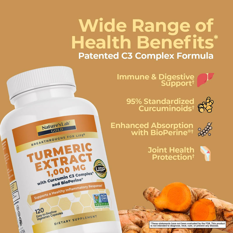 [Australia] - Nature's Lab Turmeric Curcumin C3 Complex 1000mg - Turmeric Extract 1000mg & BioPerine 5mg Standardized to 95%, Promotes Cardiovascular, Immune, Joint, Skin Health - 120 Capsules (60 Day Supply) 