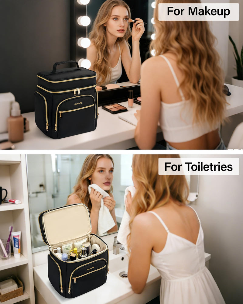 Hanke Large Toiletry Bag for Women Travel, Double Layer Organizer with Wide Opening for Full-Size Cosmetics & Toiletries, 12.2L Water-Resistant Makeup Bag,Black Black