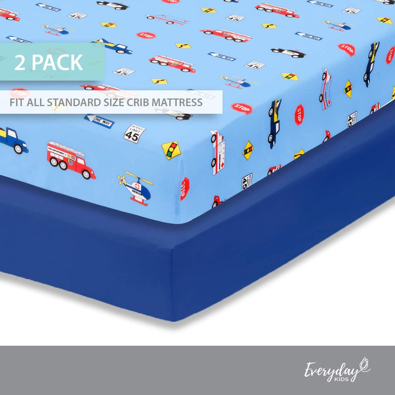 [Australia] - Everyday Kids 2 Pack Fitted Boys Crib Sheet, 100% Soft Breathable Microfiber Baby Sheet, Fits Standard Size Crib Mattress 28in x 52in, Nursery Sheet - Rescue/Blue 2 Pack - Rescue/Blue 
