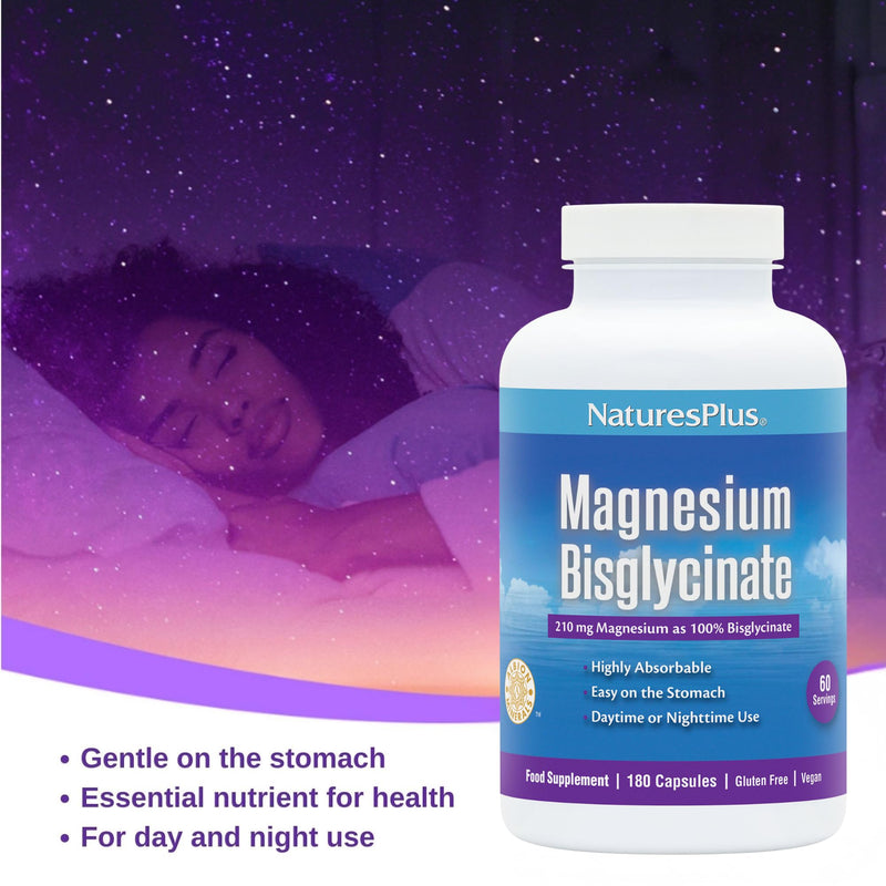 NaturesPlus Magnesium Glycinate Capsules - Gentle Magnesium Supplement, Active Bisglycinate Form - Sleep, Relaxation, Stress Support - Vegan, Gluten Free - 180 Capsules