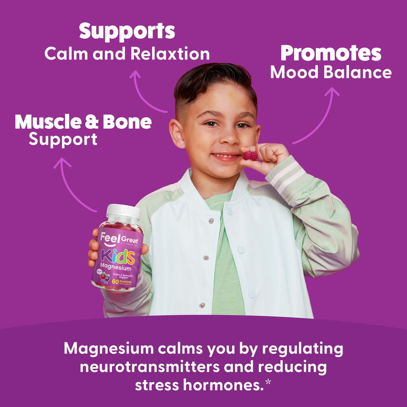 Feel Great Kids Magnesium Citrate Gummies, Calm Support, 60 Count | Magnesium Citrate for Calm Support, Natural Berry Flavor, Ages 4+, Kids Gummy