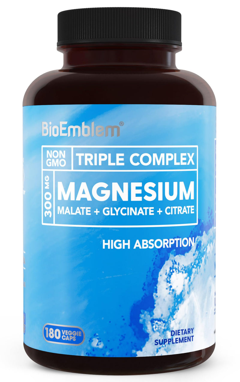[Australia] - BioEmblem Triple Magnesium Complex | 300mg of Magnesium Glycinate, Malate, & Citrate for Muscles, Nerves, & Energy | High Absorption | Vegan, Non-GMO | 180 Capsules 