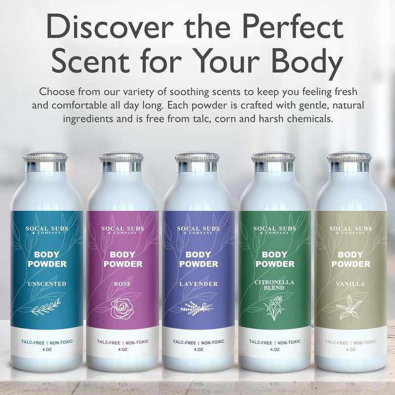 SoCal Suds & Company Natural Body Powder Talc-Free, Lavender, 4oz, 1-Pack | With Arrowroot Powder, Kaolin, Aspen Bark Extract for Soft Soothing Delicate Skin 4 Ounce, Body (1- Pack)