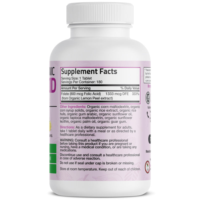 Bronson Folic Acid 800 mcg, USDA Certified Organic, 180 Tablets | From Whole Lemon Peel Extract, Prenatal Development Support, Vegetarian, Non-GMO, Gluten-Free & Soy-Free Unflavored 180 Count (Pack of 1)