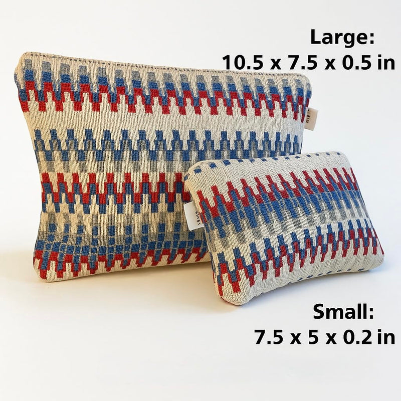 Handmade Geometric Cosmetic Bag Set in American style, Large 10.5x7.5 inch and Small 7.5x5 inch, Red Blue Ivory Pattern