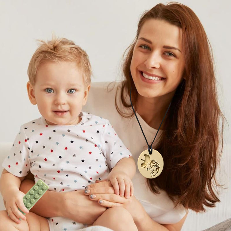 [Australia] - Sensory Chew Necklaces for Aggressive Chewers - Silicone Chewelry for Autism, ADHD, Oral Motor Therapy & Baby Teething - Dinosaur (BPA-Free, Textured Surface) Beige, Yellow, Gray, Green, Light Green 