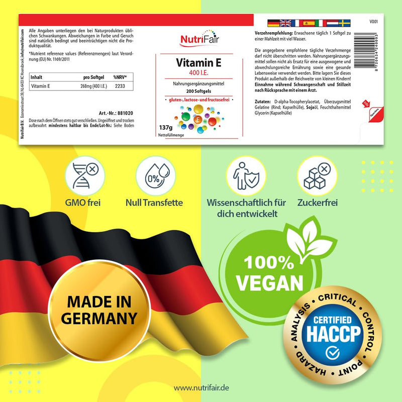[Australia] - Vitamin E 400 IU - with 268mg vitamin E per softgel - 200 softgels - high dosage - German production & laboratory testing - NutriFair | Premium & fair 