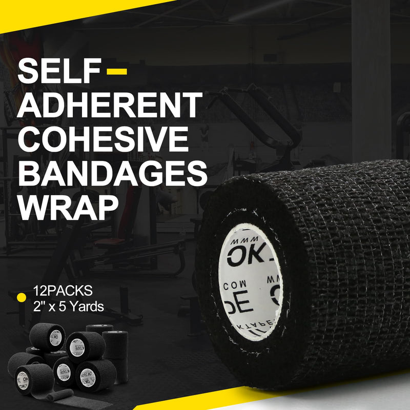 [Australia] - OK TAPE 12 Pack Self Adherent Cohesive Wrap Bandages, 2 Inches x 5 Yards, First Aid Tape, Elastic Self Adhesive Tape, Athletic, Sports wrap Tape, Bandage Wrap for Sports, Wrist - Black 