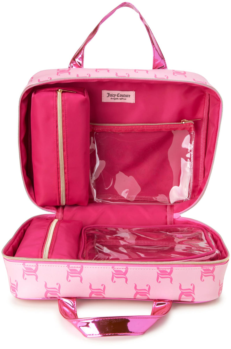 Juicy Couture Pink Makeup Bag Cosmetics Organizer Travel Essentials Weekender Logo Shiny Trim