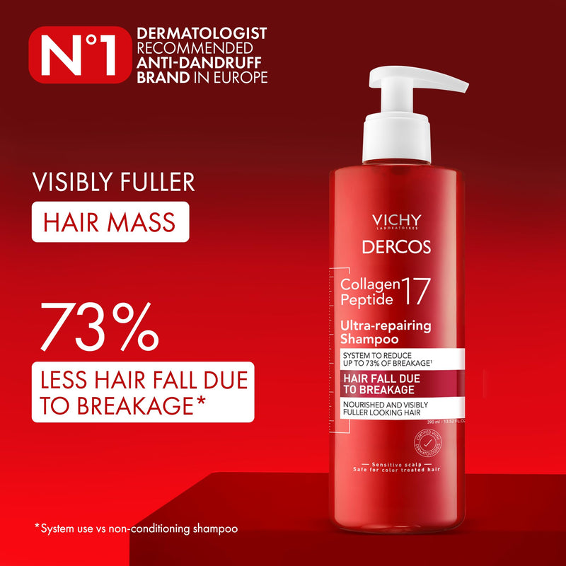 VICHY Dercos Collagen Peptide 17 Ultra-Repairing Shampoo, Anti Hair Fall & Bond Repair for Damaged Weak Hair, Strengthens, Reduces Breakage, Boosts Volume 13.52 Fl Oz (Pack of 1)