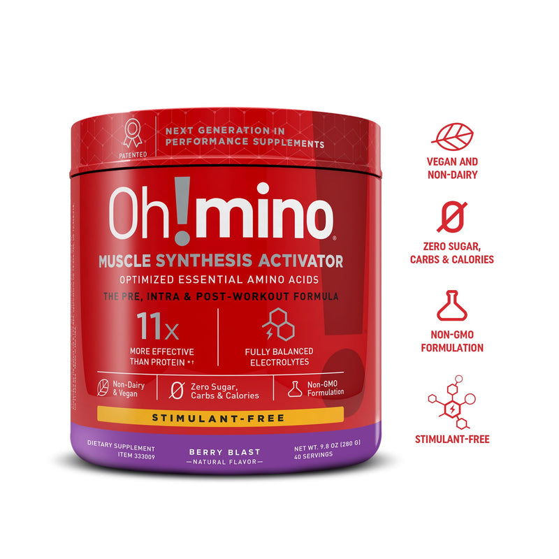 [Australia] - Oh!mino Amino Acid Energy Blend - Sugar-and-Stimulant-Free, Pre-Post Workout Powder, BCAA Amino Acids, Workout Recovery Drink, Muscle Synthesis Activator, Berry Blast, 280 g, 40 Servings Berry Blast (Stimulant-Free) 40 Servings (Pack of 1) 