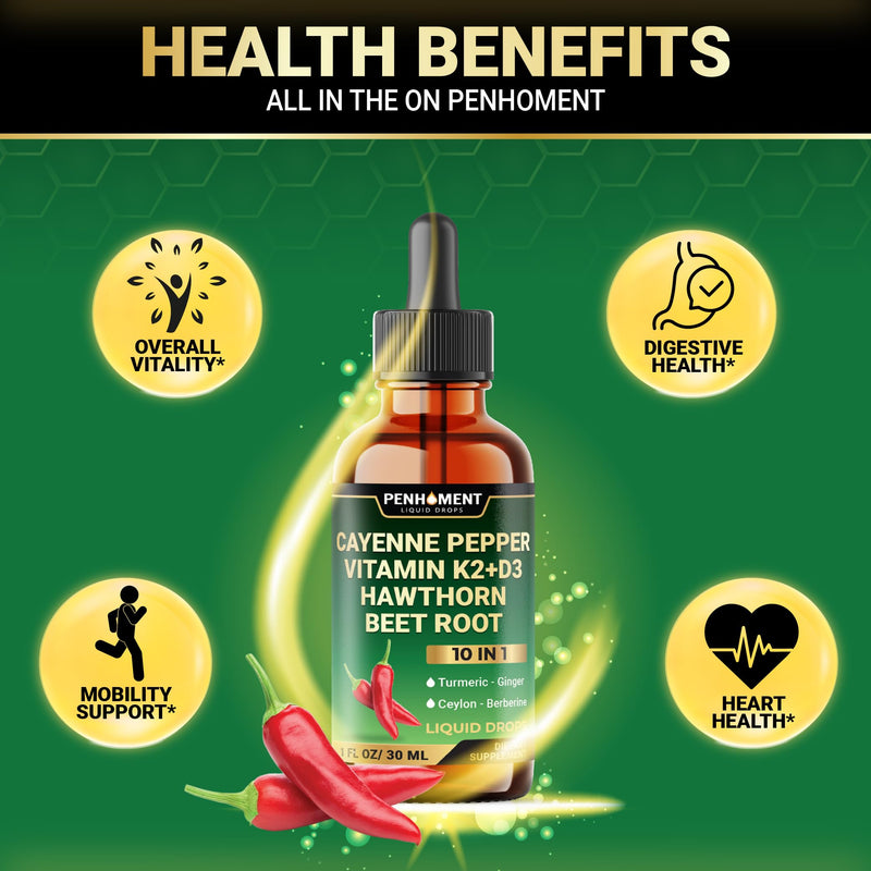 10in1 2700mg Cayenne Pepper Liquid Drops + Hawthorn Berry, Vitamin D3 K2 Beet Root Turmeric Ginger and More - Digestion Support - 1 Fl Oz - 2 Months Supply 1 Fl Oz (Pack of 1)