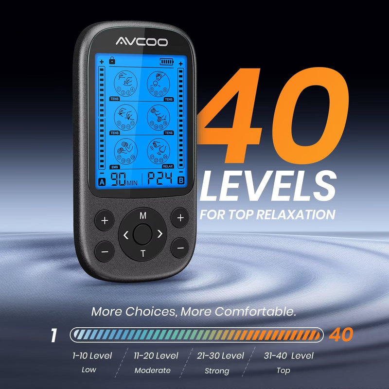 AVCOO 3-in-1 TENS Unit Muscle Stimulator for Pain Relief, 24 Modes, EVA Bag | Electronic Massager Machine with 40 Levels for Gradual Shoulder, Neck, Lower Back Pain Relief, Physical Therapy, 12 Pads, Red B Black