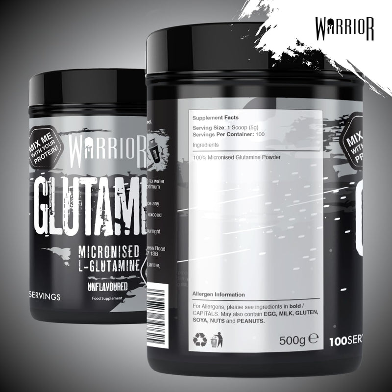 Warrior Glutamine 500g - Pure Micronised L-Glutamine Powder - Amino Acid - Muscle Growth & Recovery Supplement- Gut Health - Mix in Protein - Pre and Post Workout - 100 Servings (Unflavoured) 500g - 100 Servings