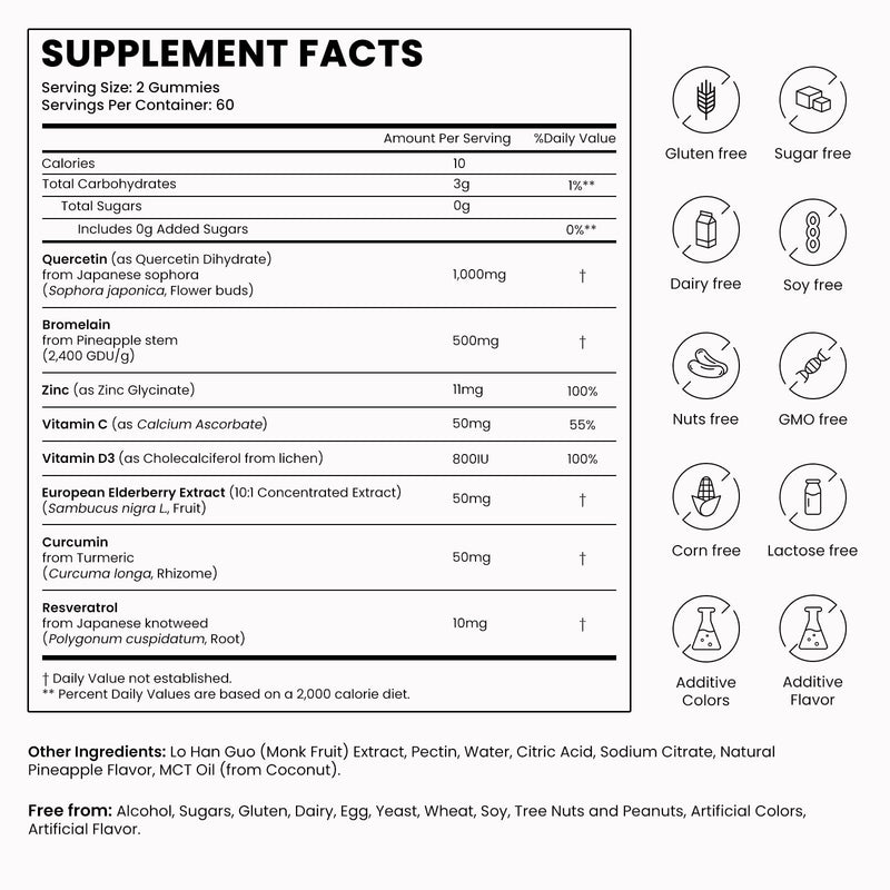 8-in-1 Quercetin with Bromelain Gummies 1000mg, High Potency Organic Quercetin Supplement with Zinc & Vitamin C, Elderberry, Seasonal Wellness & Immune Support, Vegan, Sugar Free, 120 Gummies
