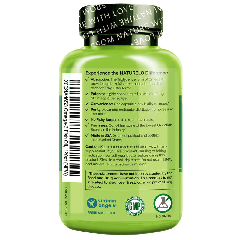 [Australia] - NATURELO Burpless Omega 3 Fish Oil Supplement - 1100mg Triglyceride Omega-3, EPA + DHA, Liquid Fish Oil Omega 3 for Heart, Eye, Brain, Joint Health - 120 Softgels, 4 Months Supply Omega 3 Softgels 120 Count (Pack of 1) 
