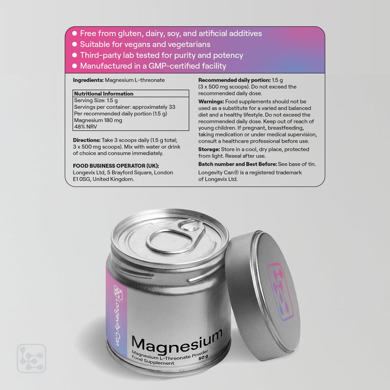 Magnesium L-Threonate Powder 50g | Pure Magnesium L-Threonate | 1500mg (3 Scoops) | ~33 Servings | Unflavoured | Vegan | Additive-Free | Third-Party Tested | Metal Tin