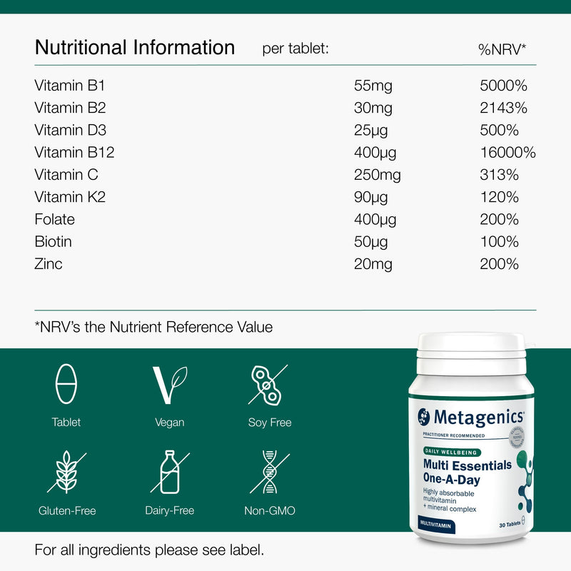 Metagenics Multi Essentials One A Day Multivitamin - 26 Vitamins & Minerals - Vegetarian and Vegan - 30 Tablets