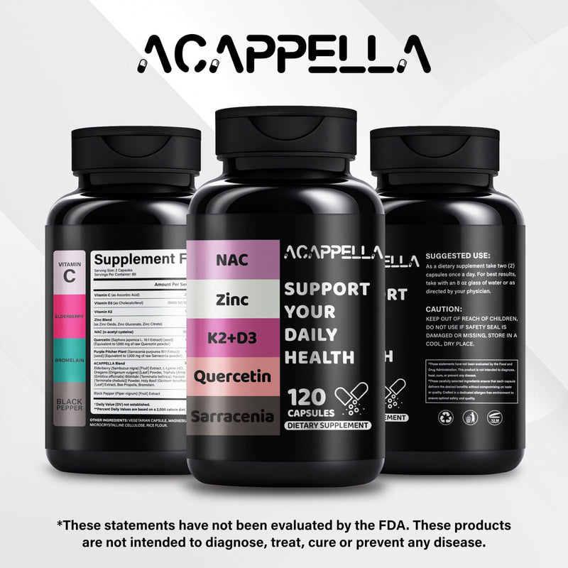 ACAPPELLA Vitamin D3 K2 Capsule Quercetin NAC N-Acetyl Cysteine Sarracenia Supplement Zinc Supplements 120 Count