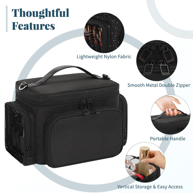 Bagmoly Makeup Bag, Portable Large Travel Makeup Bag Organizer for Women Girls with Makeup Brush Compartment, Cosmetic Travel Bag Vertical Storage Toiletry Bag - Black with Shoulder Strap 03-Black with Shoulder Strap