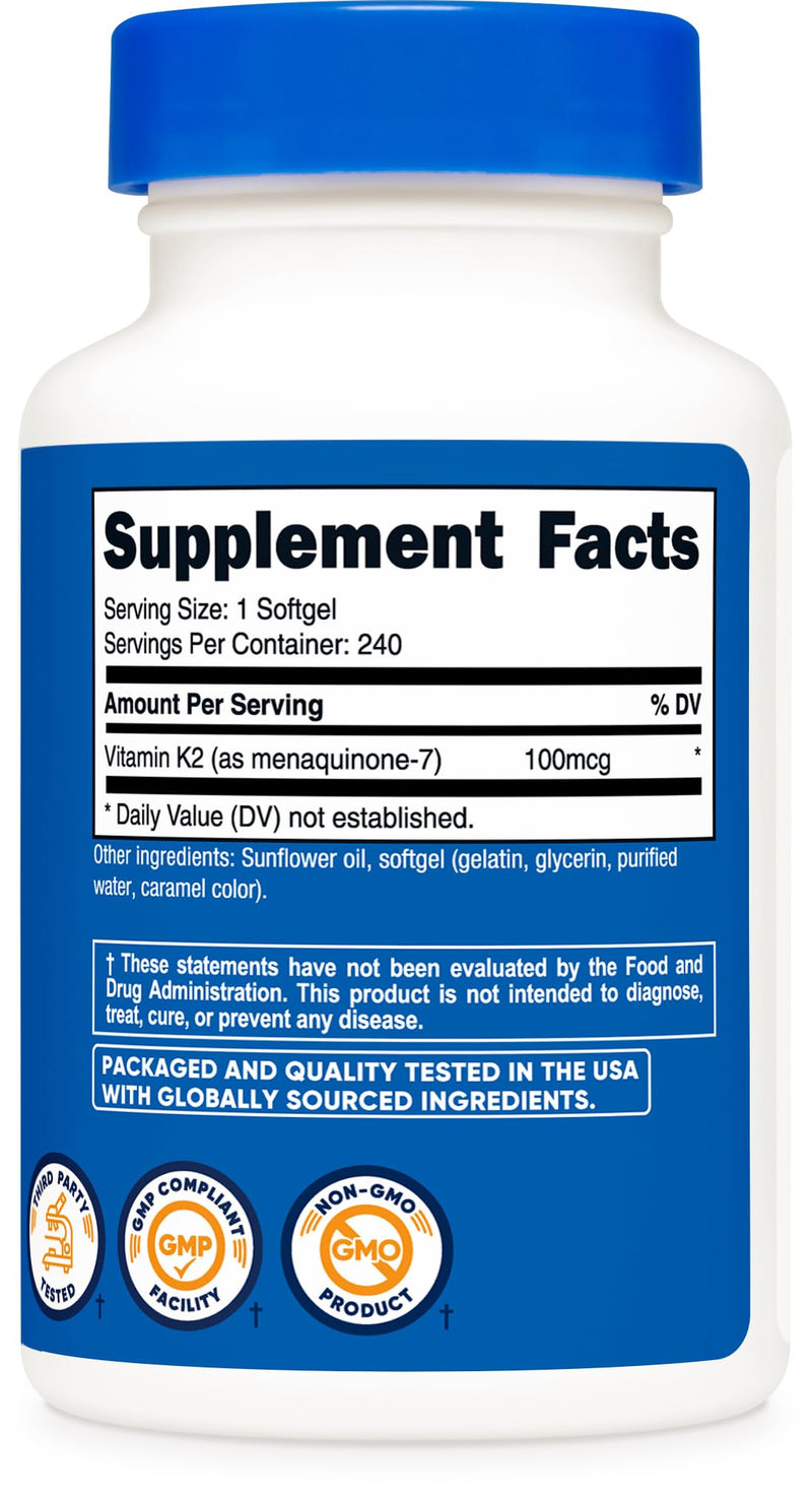 Nutricost Vitamin K2 MK-7 100 mcg, 240 Softgels, Gluten Free, GMO-Free | MK7 240 Count (Pack of 1)