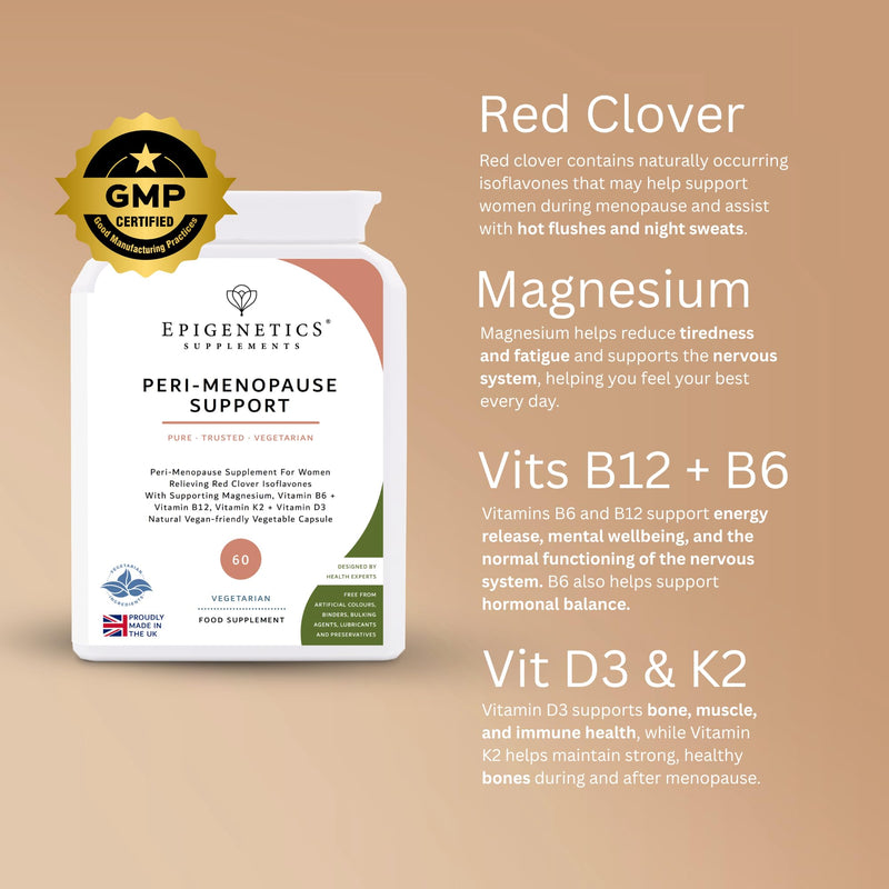 Peri-Menopause Support | Red Clover Isoflavones 200mg | with Magnesium, Vitamin B6, B12, K2 & D3 | Daily Women's Supplement | No Added Fillers or Additives | 60 Vegetable Capsules | UK Made