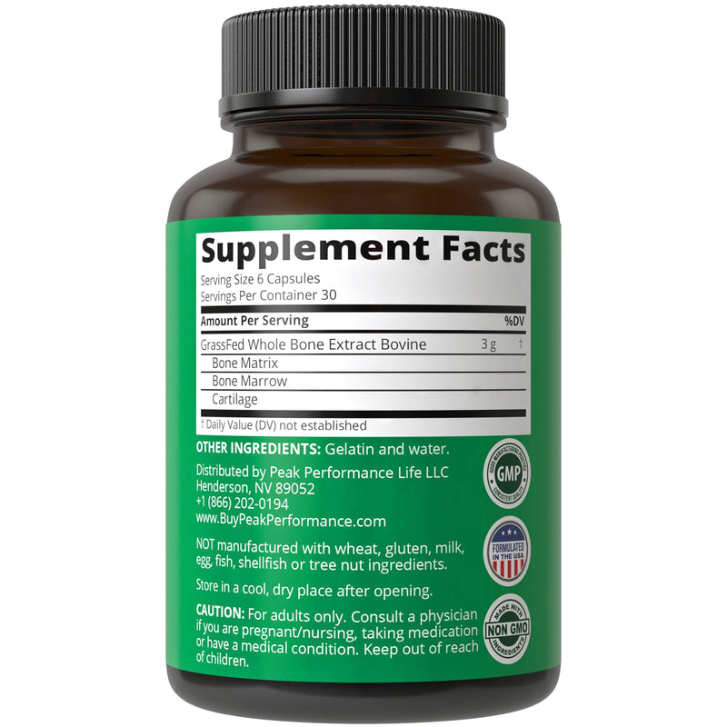 [Australia] - Peak Performance Grass Fed Bone Marrow - Whole Bone Extract Supplement 180 Capsules Superfood Pills Rich in Collagen, Vitamins, and Amino Acids. from Bone Matrix, Marrow, Cartilage. Ancestral Tablets 