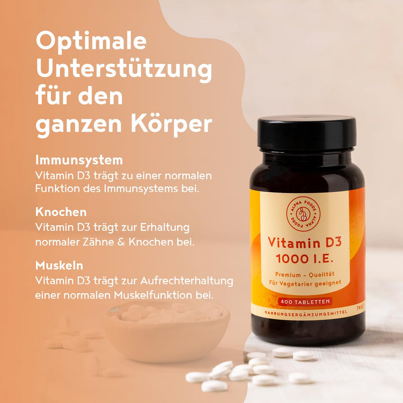 [Australia] - Vitamin D3 1000 IU - 400 tablets over 1 year supply - Vitamin D for the immune system, bones, teeth & muscles - High dosage - Vegetarian - Alpha Foods 