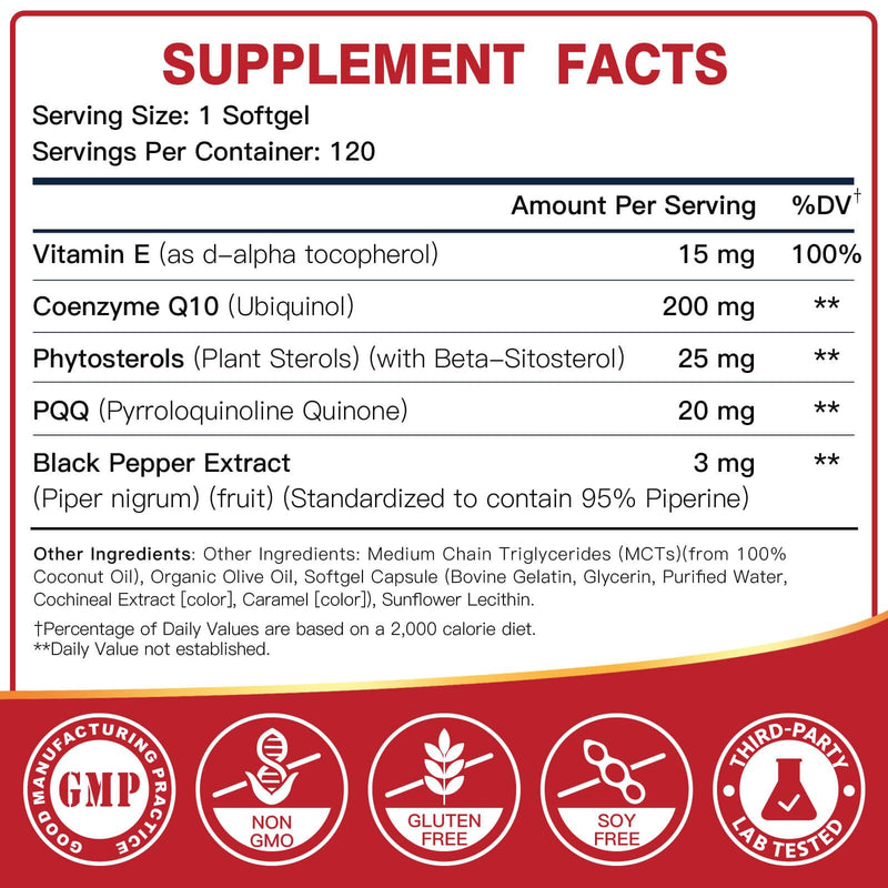 DRFOSTER Ubiquinol CoQ10 200mg, with PQQ & Vitamin E, 120 Servings | Active Ubiquinol, Coq10 200mg, Black Pepper for Max Absorption, Allergen-Free, Powerful Antioxidant, Brain & Energy Support 120 Count (Pack of 1)