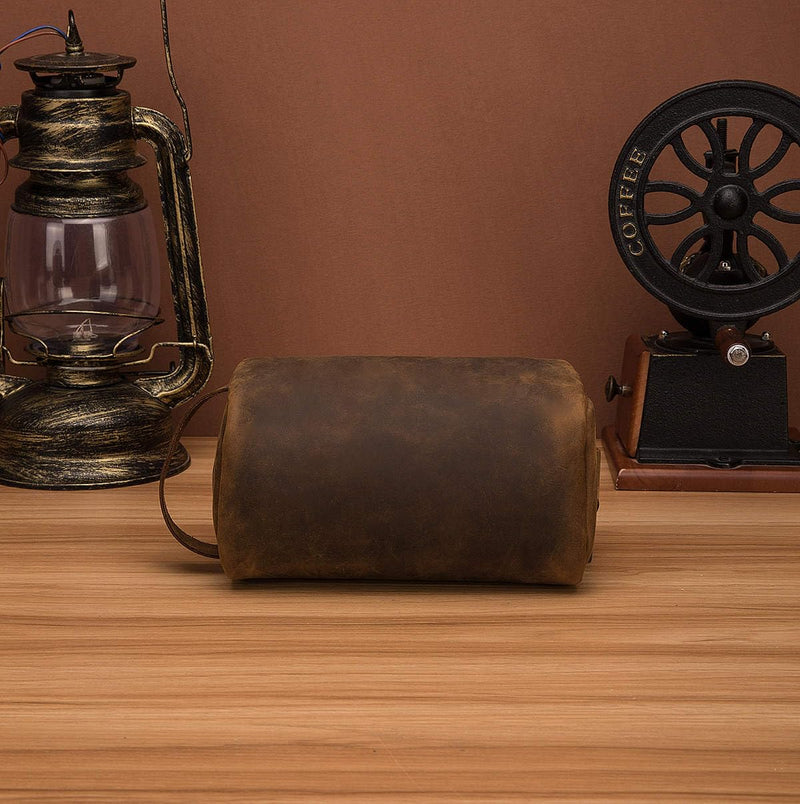 Premium Leather Unisex Toiletry Travel Pouch, Cosmetic Bag Organizer Stylish Waterproof Lining Vintage Unisex Kit, Water Resistant-Cosmetic Case DOPP Kit SD 064 (Coffee) Coffee