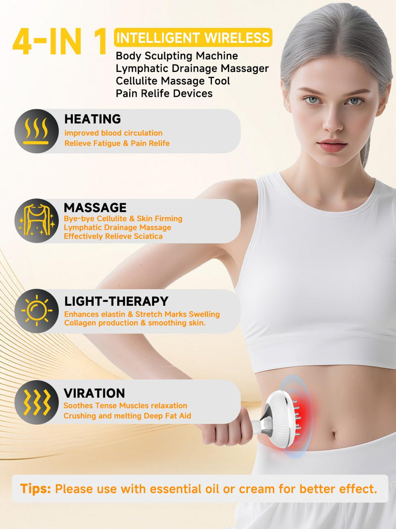 [Australia] - Lymphatic Drainage Massager, Electric Anti Cellulite Massage Tool, Helps Reduce Stretch Marks & Cellulite for Legs & Arms & Belly, Body Sculpting Machine with Microcurrent, Light, Heat & Vibration 