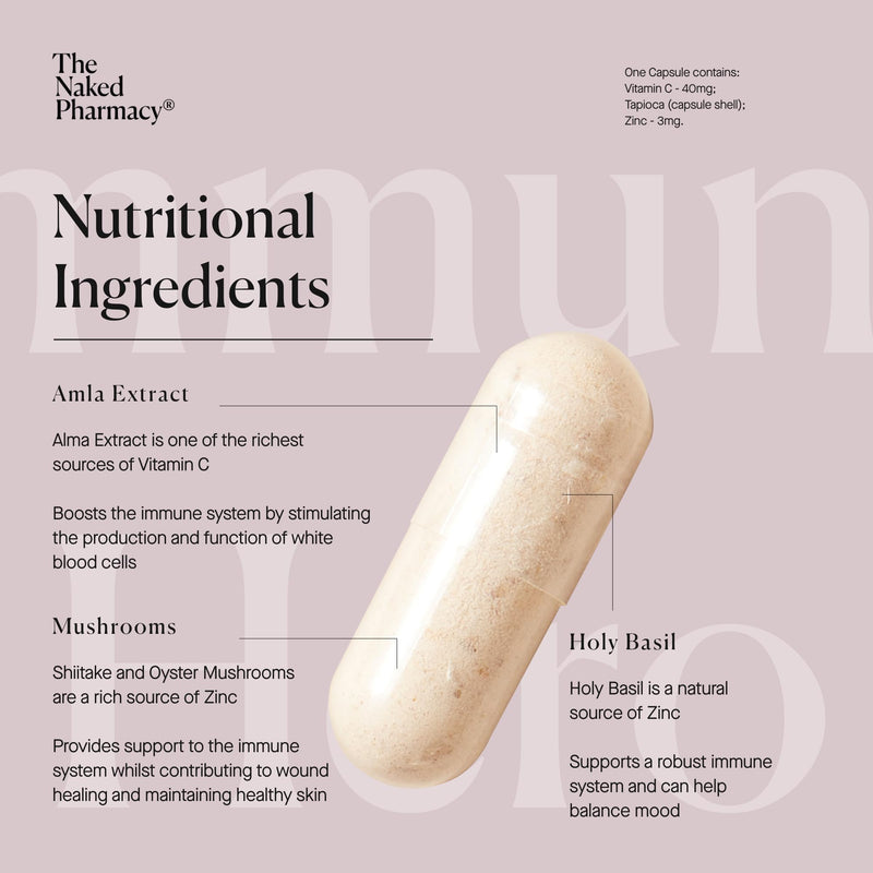 The Naked Pharmacy | Immune Hero for Adults | Natural Immunity Booster | Vitamin C, Zinc & Prebiotic | Energy & Fatigue | Collagen Supplement | No Additives | Vegan | 60 Capsules