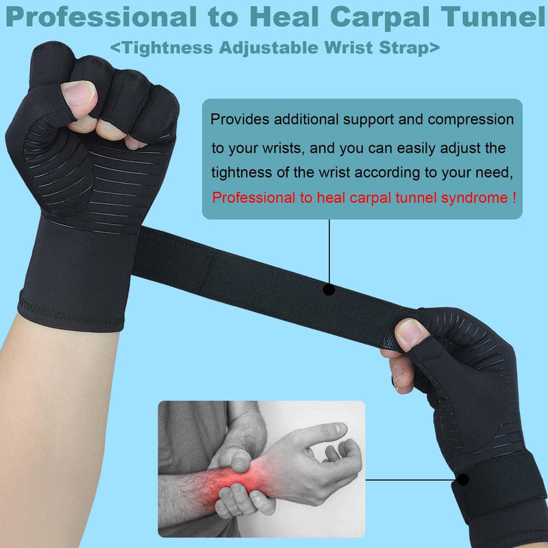 [Australia] - Copper Arthritis Gloves with Adjustable Wrist Strap for Women Men, Fingerless Compression Gloves for Arthritis, Carpal Tunnel, Pain Relief, Swelling, Rheumatoid, Typing (Large/X-Large) Large/X-Large (1 Pair) Black - Open Finger 