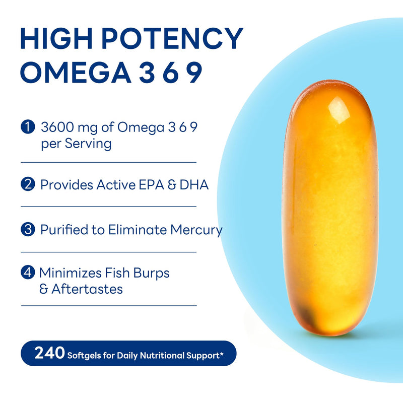 Vitamin World Triple Omega 3-6-9 3600mg, 240 Softgels | High Potency Omega 3 6 9 Supplement Provides Active EPA & DHA, Supports Heart, Brain & Immune Health, Gluten Free
