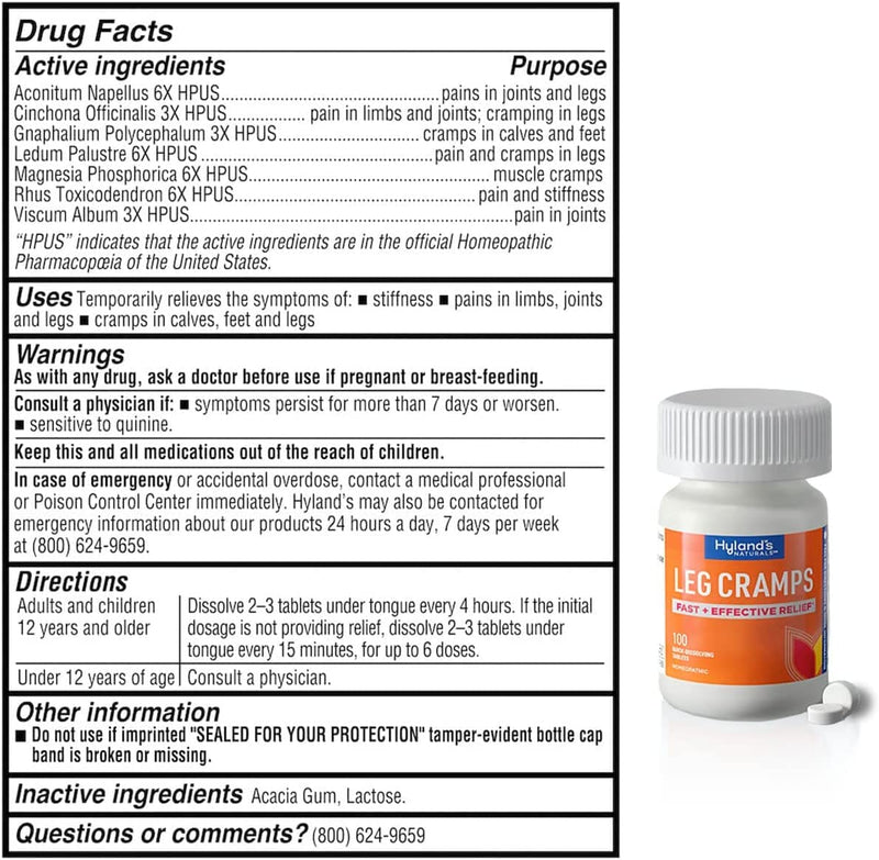 [Australia] - Hyland's Naturals Leg Cramp Tablets, Natural Relief of Calf, Leg and Foot Cramp, Quick Dissolving Tablets, 100 Count Daytime 