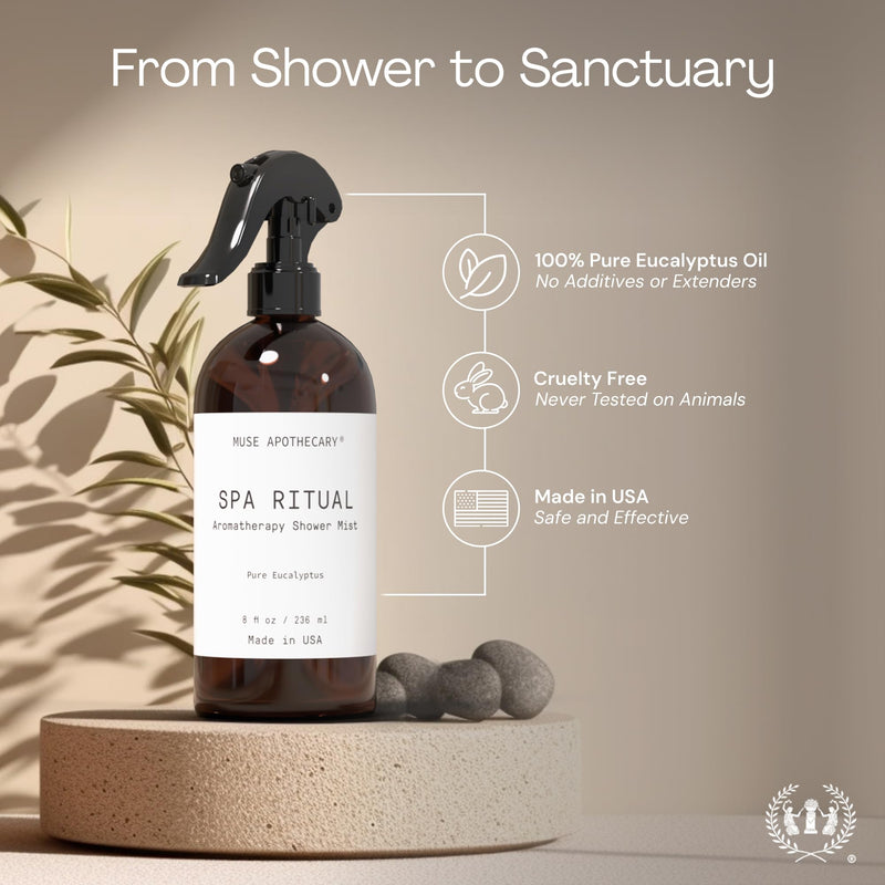Muse Apothecary Spa Ritual Pure Eucalyptus Oil Shower Mist - Eucalyptus Spray for Shower, Spa, Bath, and Linen - Aromatherapy Eucalyptus Essential Oil Spray - 8oz, 2 Pack 8 Fl Oz (Pack of 2)