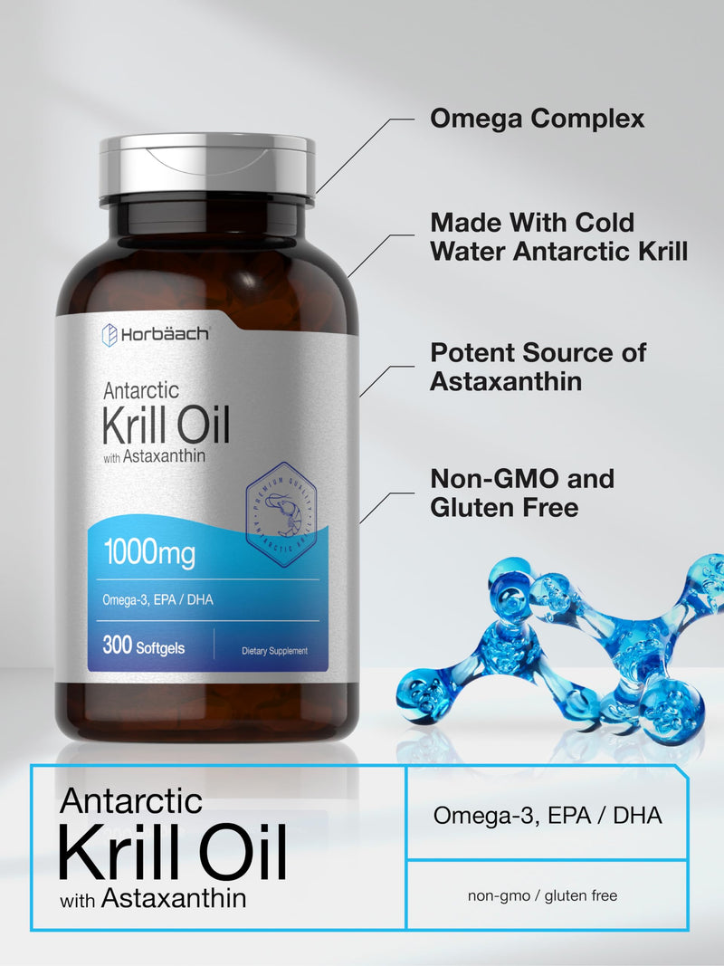 Horbäach Antarctic Krill Oil 1000mg | 300 Softgel Capsules | Omega 3, EPA, DHA Supplement | with Astaxanthin | Value Size | Non-GMO, Gluten Free