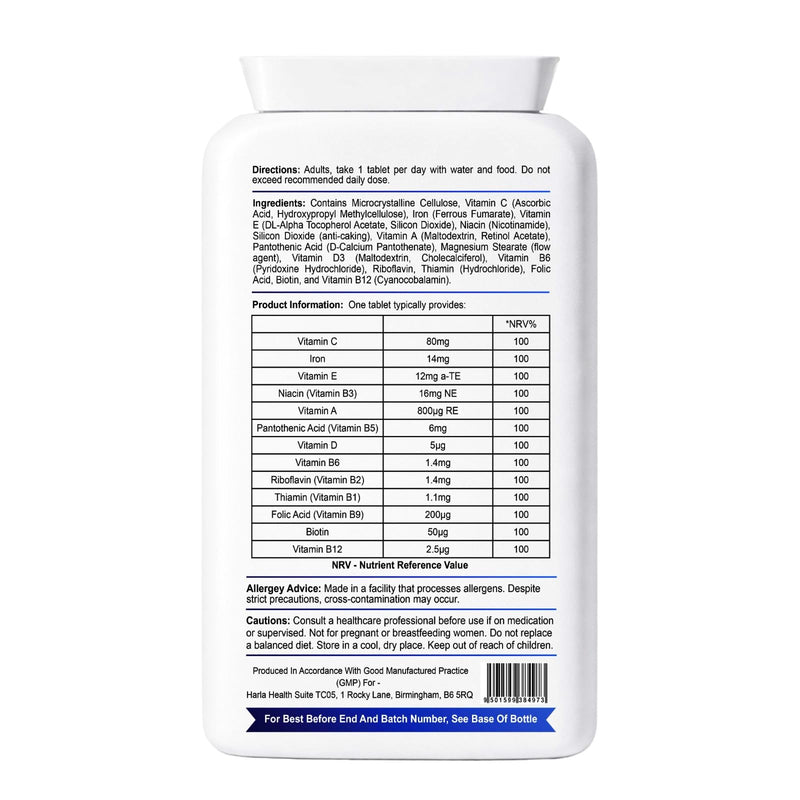 Multivitamins with Iron – 180 Vegetarian Tablets (6-Month Supply) | Daily Energy, Immune Support & Overall Wellbeing for Men & Women | UK Made, GMP Certified