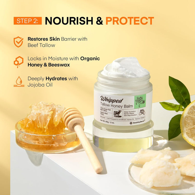 Super Vitamin C with Beef Tallow Honey Balm for Skin Duo – with Peptides & Niacinamide for Face Wrinkles, Lifting, & Age Spots | Complete Anti-Aging Skincare Set for Restoring Radiance to Mature Skin